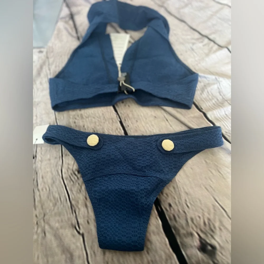 LISA MARIE FERNANDEZ Polo button-embellished seersucker halterneck bikini